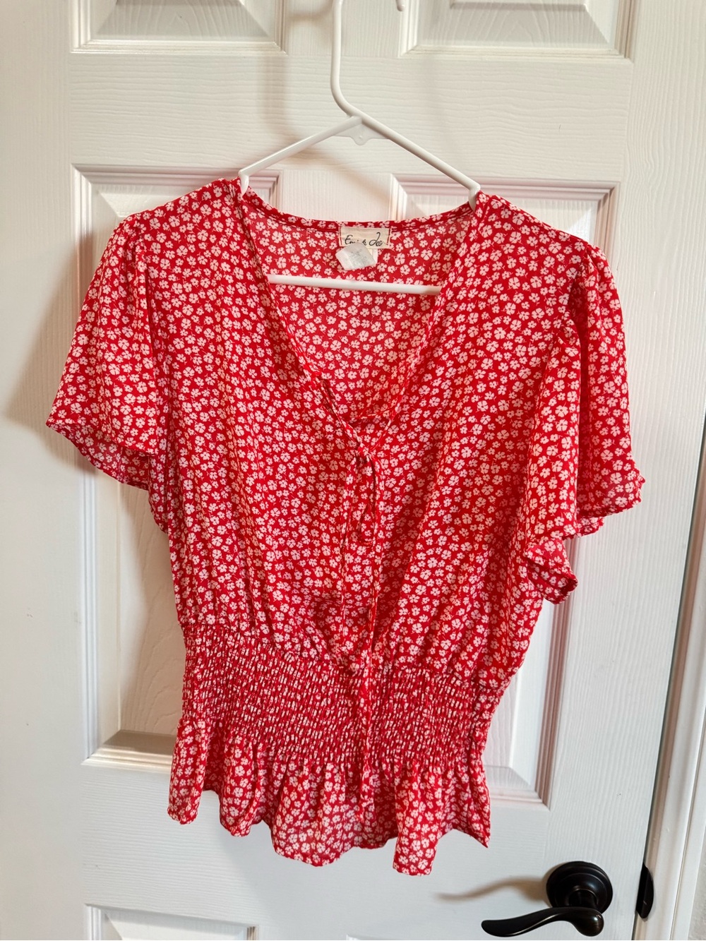 Red Floral V-Neck Smocked Waist Blouse